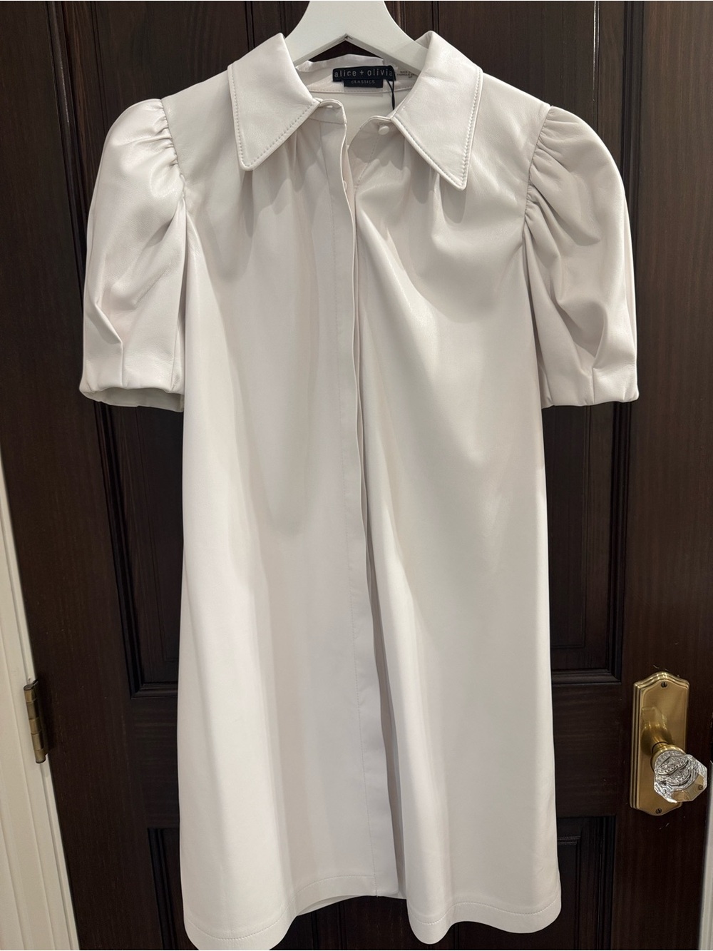 Alice + Olivia Off White Faux Leather Puff-Sleeve Dress